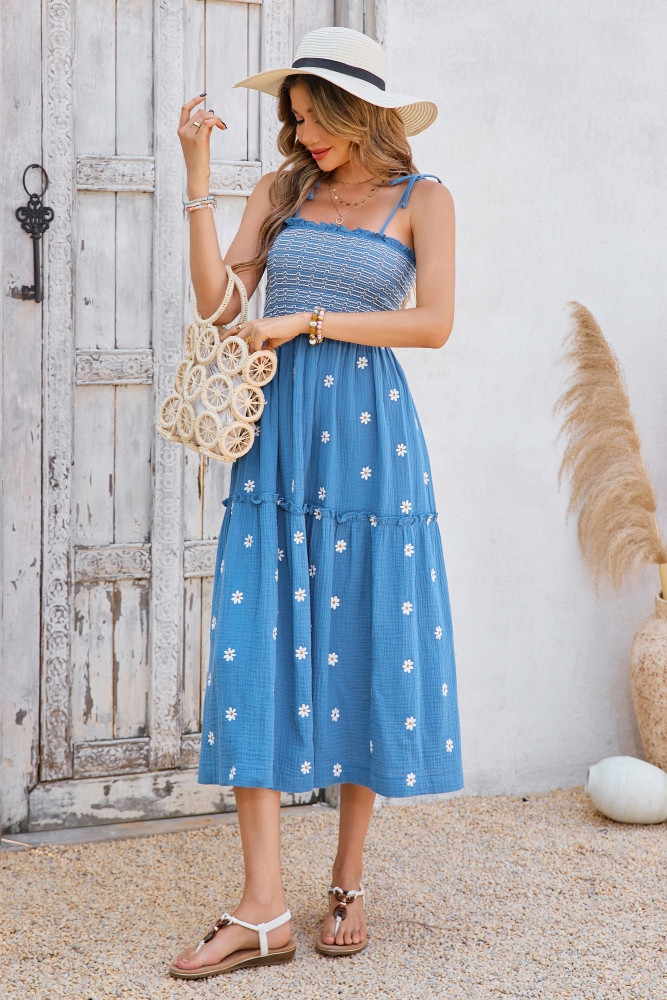 R.Vivimos Womens Summer Cotton Boho Midi Dress 2025 Spaghetti Strap Floral Embroidered Smocked Flowy Pockets Dress