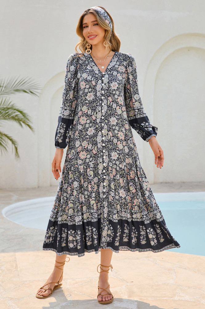 R.Vivimos Women's Long Sleeve Boho Midi Dress V Neck Floral Print Casual Button Down Loose Ruffle Beach Long Dress with Belt