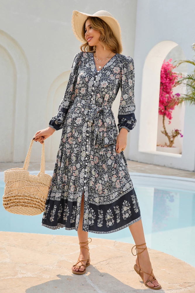 R.Vivimos Women's Long Sleeve Boho Midi Dress V Neck Floral Print Casual Button Down Loose Ruffle Beach Long Dress with Belt