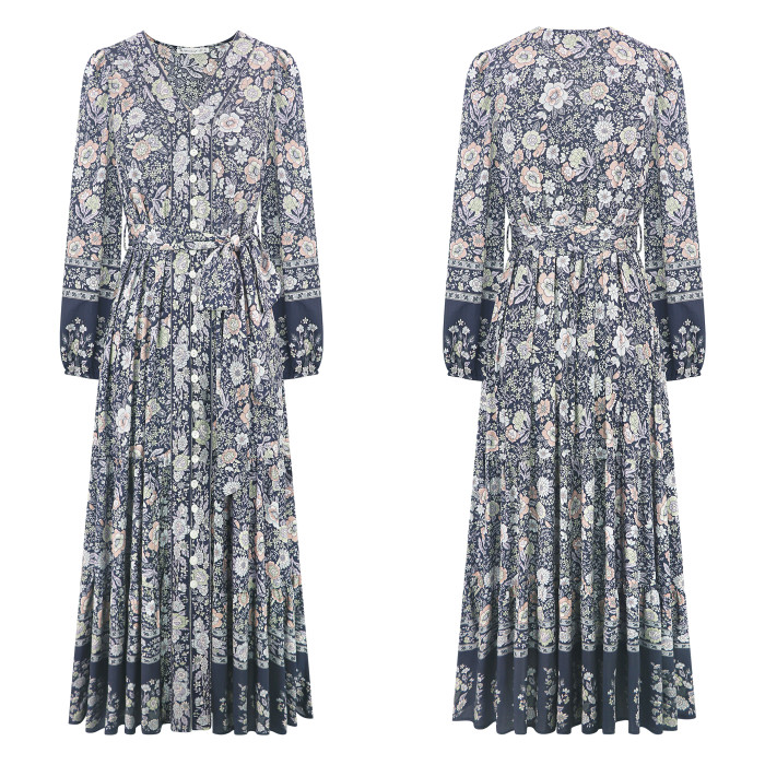 R.Vivimos Women's Long Sleeve Boho Midi Dress V Neck Floral Print Casual Button Down Loose Ruffle Beach Long Dress with Belt