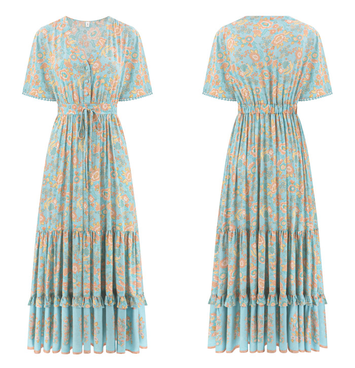 R.Vivimos Womens Summer Cotton Short Sleeve V Neck Floral Print Casual Bohemian Long Dresses