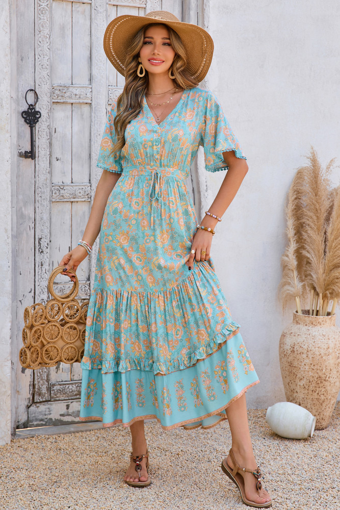 R.Vivimos Womens Summer Cotton Short Sleeve V Neck Floral Print Casual Bohemian Long Dresses