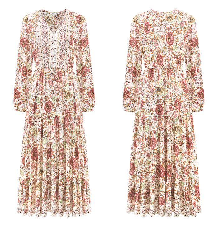 R.Vivimos Women's Long Sleeve Cotton V-Neck Button Up Floral Print Boho Flowy Midi Dresses