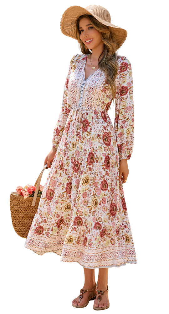 R.Vivimos Women's Long Sleeve Cotton V-Neck Button Up Floral Print Boho Flowy Midi Dresses