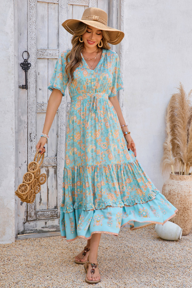 R.Vivimos Womens Summer Cotton Short Sleeve V Neck Floral Print Casual Bohemian Long Dresses