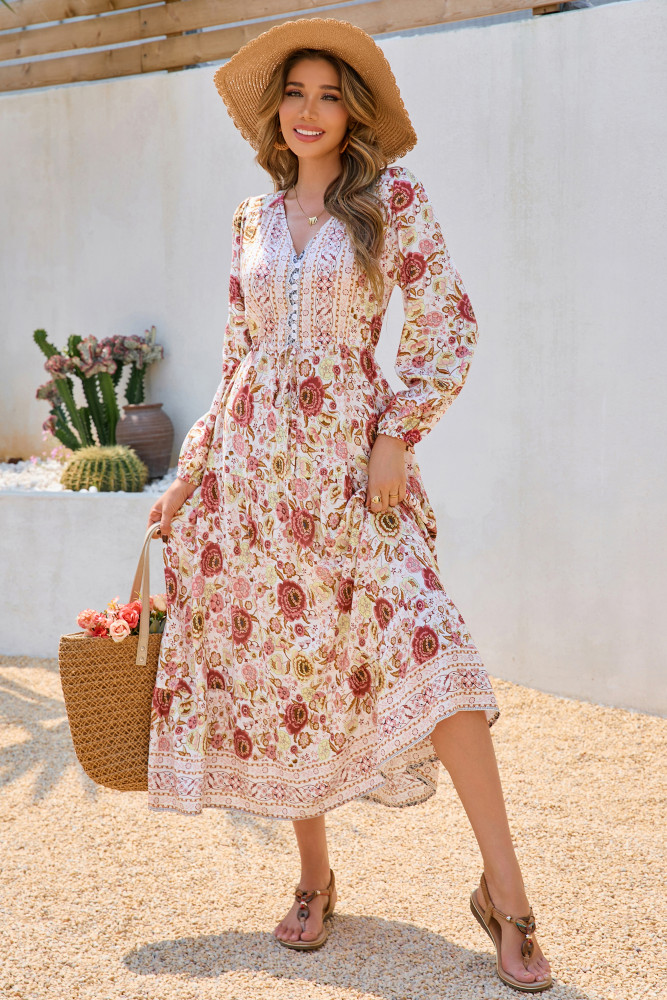 R.Vivimos Women's Long Sleeve Cotton V-Neck Button Up Floral Print Boho Flowy Midi Dresses