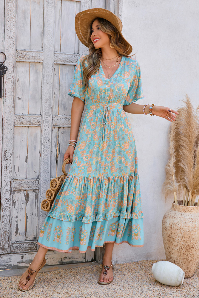 R.Vivimos Womens Summer Cotton Short Sleeve V Neck Floral Print Casual Bohemian Long Dresses