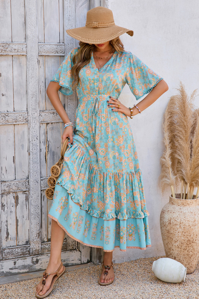 R.Vivimos Womens Summer Cotton Short Sleeve V Neck Floral Print Casual Bohemian Long Dresses