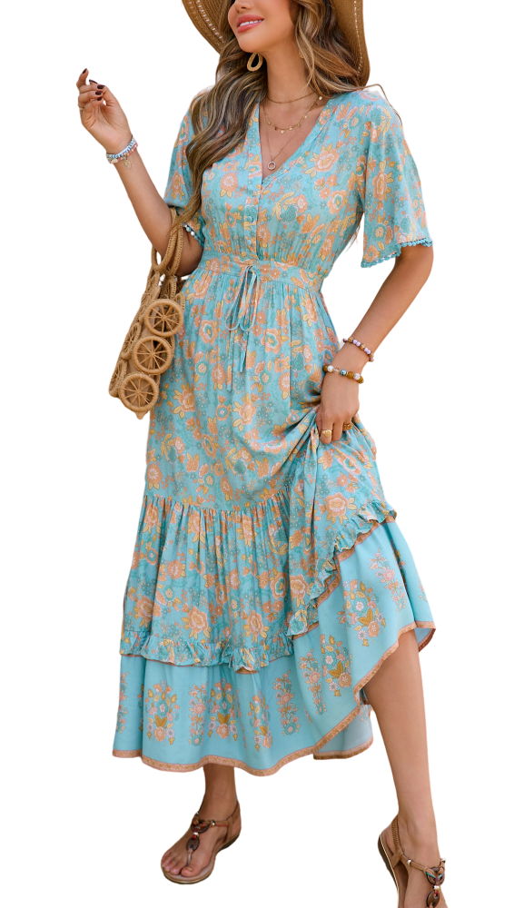 R.Vivimos Womens Summer Cotton Short Sleeve V Neck Floral Print Casual Bohemian Long Dresses
