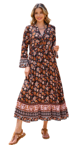 R.Vivimos Women's Boho Floral Print Midi Dress 2025 Long Sleeve V Neck Button Up Casual Loose Flowy Beach Long Dresses