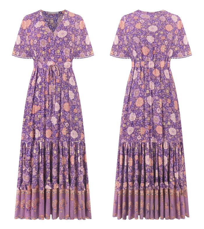 R.Vivimos Womens Summer Cotton Short Sleeve V Neck Floral Print Casual Bohemian Long Dresses