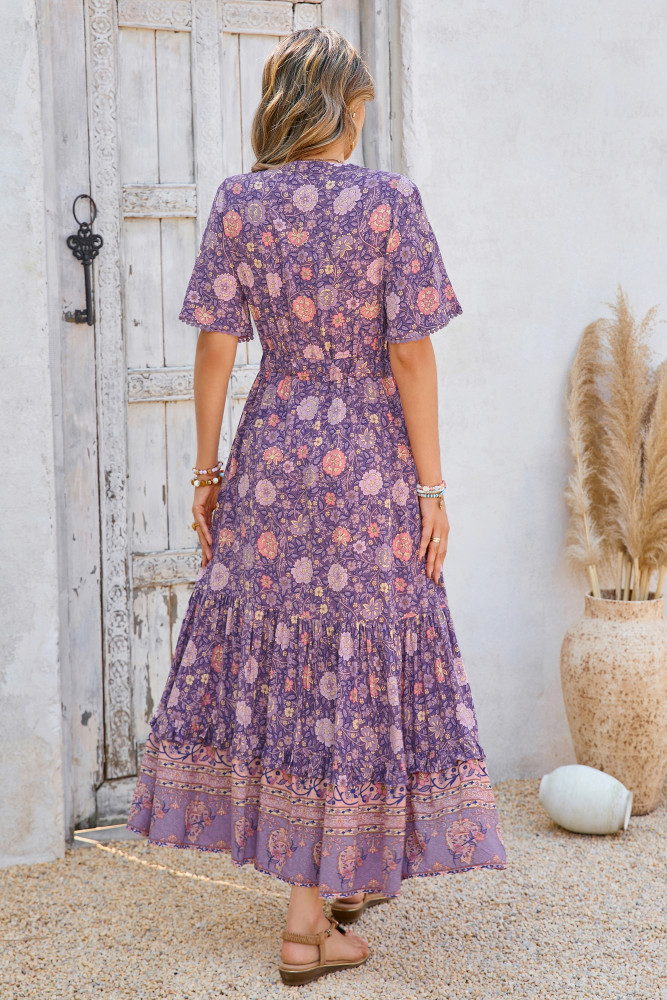 R.Vivimos Womens Summer Cotton Short Sleeve V Neck Floral Print Casual Bohemian Long Dresses