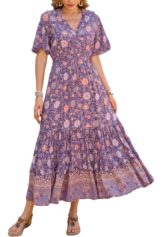 R.Vivimos Womens Summer Cotton Short Sleeve V Neck Floral Print Casual Bohemian Long Dresses
