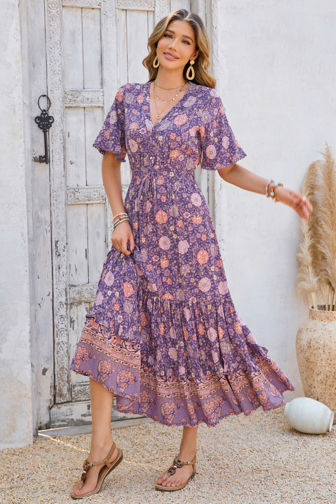 R.Vivimos Womens Summer Cotton Short Sleeve V Neck Floral Print Casual Bohemian Long Dresses