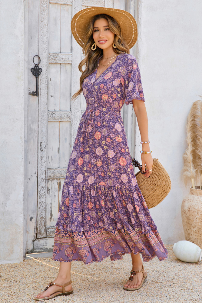 R.Vivimos Womens Summer Cotton Short Sleeve V Neck Floral Print Casual Bohemian Long Dresses