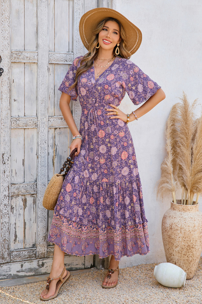 R.Vivimos Womens Summer Cotton Short Sleeve V Neck Floral Print Casual Bohemian Long Dresses