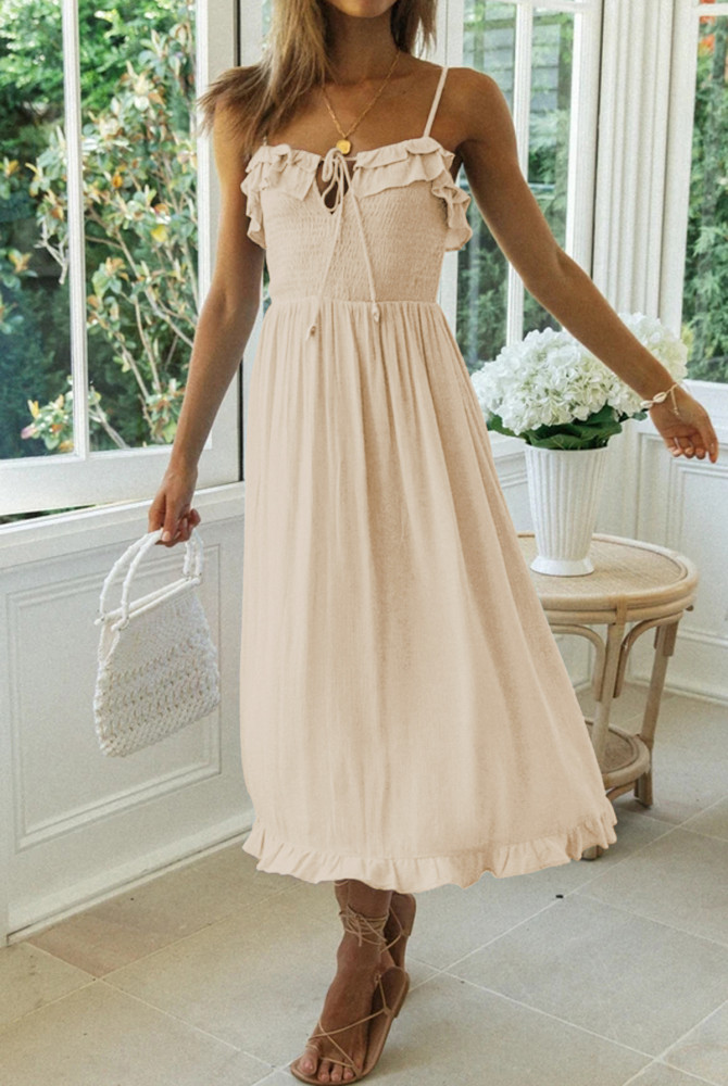 R.Vivimos Womens Summer Cotton Spaghetti Straps V-Neck Ruffle Casual Boho Midi Flowy Dress