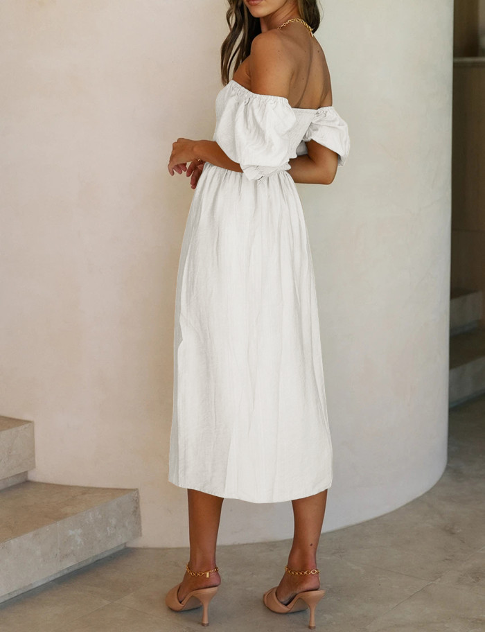 R.Vivimos Summer Dress for Women Cotton Plaid Puff Sleeves Causal Off-Shoulder Boho Side Slit Midi Dress