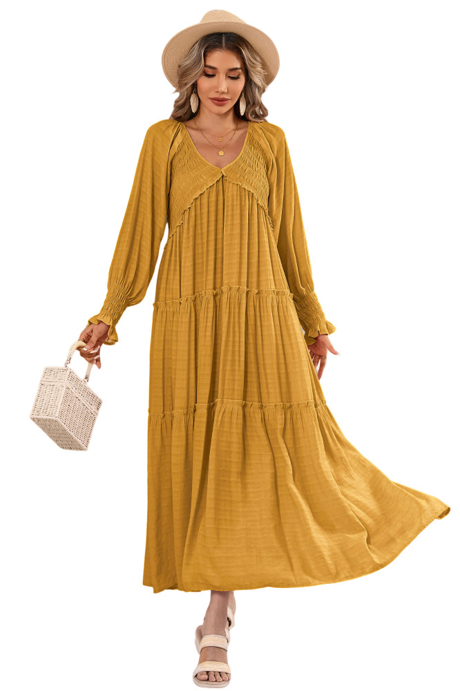 R.Vivimos Maxi Dress for Women Long Sleeve V Neck Empire Waist Layered Ruffle Boho Casual Flowy Long Dresses