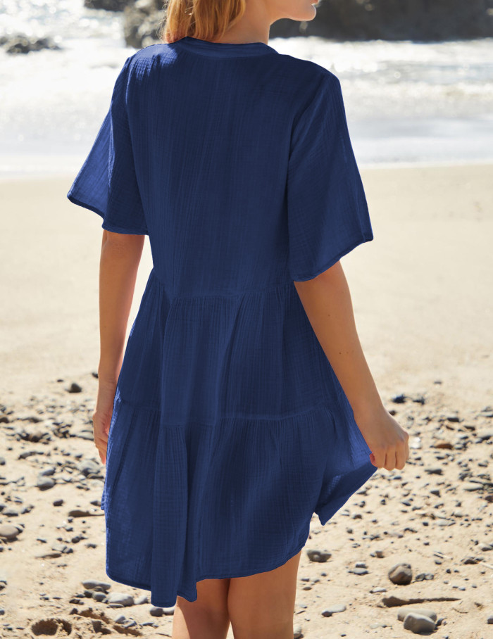 R.Vivimos Womens Summer Cotton Flowy Mini Dress V Neck Short Sleeve Boho Ruffle Tiered Casual Loose Tunic Dress