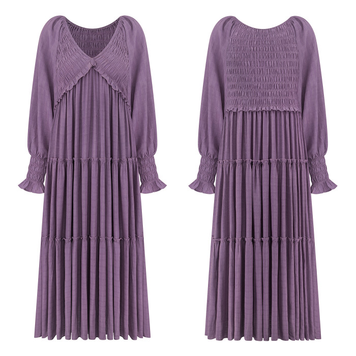 R.Vivimos Maxi Dress for Women Long Sleeve V Neck Empire Waist Layered Ruffle Boho Casual Flowy Long Dresses