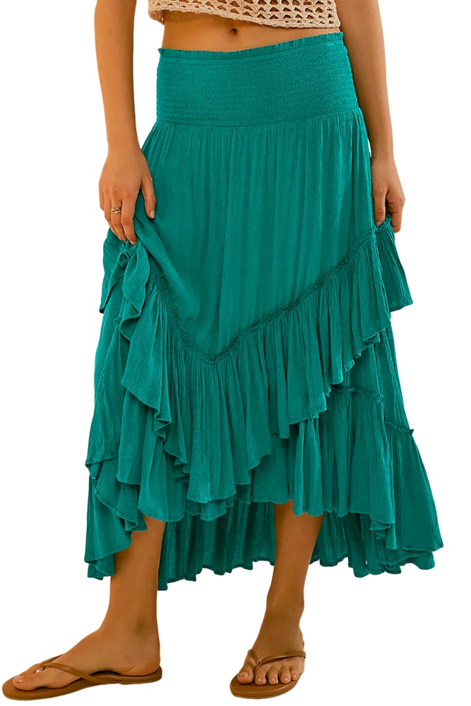 R.Vivimos Long Skirts for Women Summer Boho Smocked Strapless Dress Elastic High Waisted Layered Ruffle Hem Beach Midi Skirt