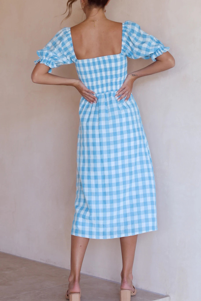 R.Vivimos Summer Dress for Women Cotton Plaid Puff Sleeves Causal Off-Shoulder Boho Side Slit Midi Dress