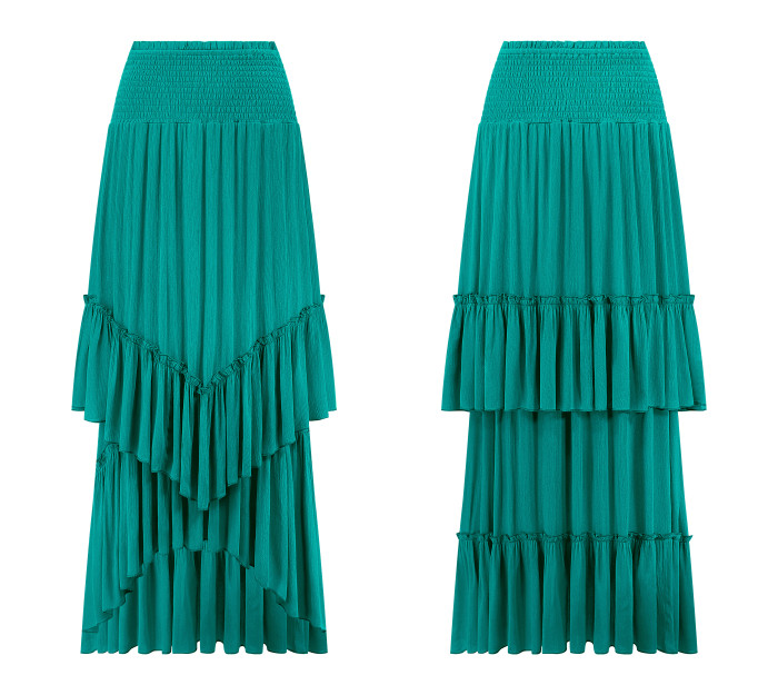 R.Vivimos Long Skirts for Women Summer Boho Smocked Strapless Dress Elastic High Waisted Layered Ruffle Hem Beach Midi Skirt