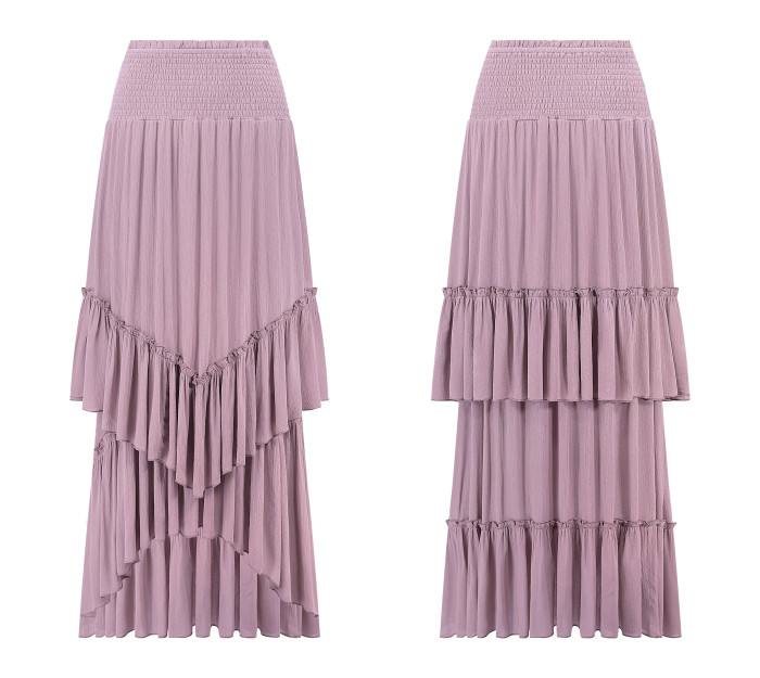 R.Vivimos Long Skirts for Women Summer Boho Smocked Strapless Dress Elastic High Waisted Layered Ruffle Hem Beach Midi Skirt
