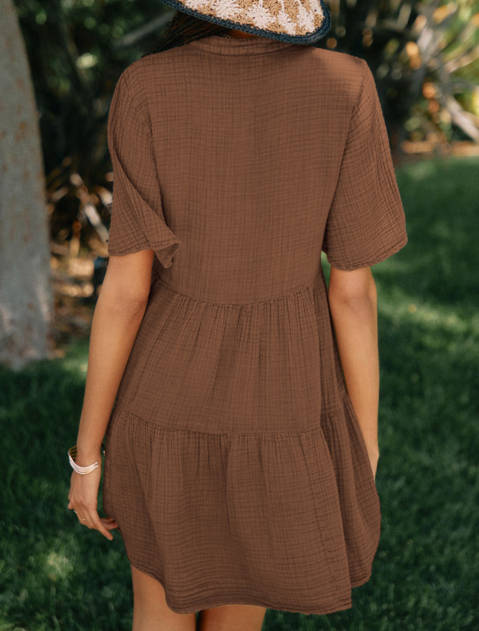 R.Vivimos Womens Summer Cotton Flowy Mini Dress V Neck Short Sleeve Boho Ruffle Tiered Casual Loose Tunic Dress