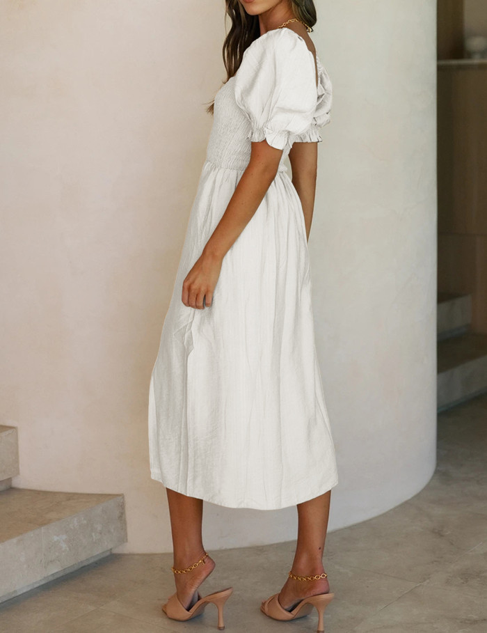 R.Vivimos Summer Dress for Women Cotton Plaid Puff Sleeves Causal Off-Shoulder Boho Side Slit Midi Dress