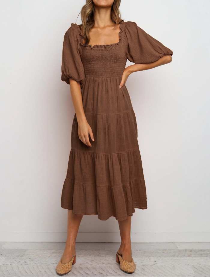 R.Vivimos Women's Summer Linen Lantern Sleeves Ruffled Off Shoulder A-Line Midi Dresses