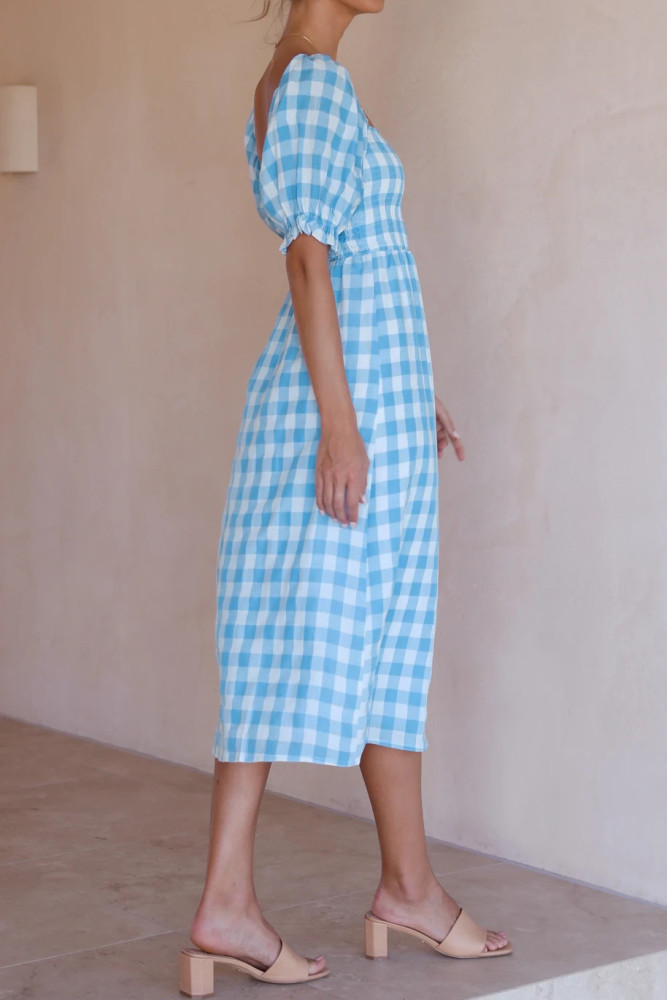 R.Vivimos Summer Dress for Women Cotton Plaid Puff Sleeves Causal Off-Shoulder Boho Side Slit Midi Dress