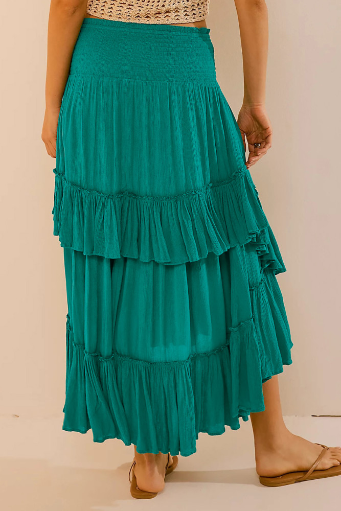 R.Vivimos Long Skirts for Women Summer Boho Smocked Strapless Dress Elastic High Waisted Layered Ruffle Hem Beach Midi Skirt