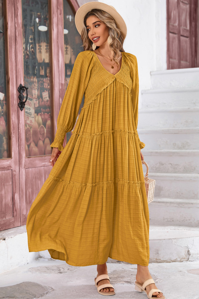 R.Vivimos Maxi Dress for Women Long Sleeve V Neck Empire Waist Layered Ruffle Boho Casual Flowy Long Dresses