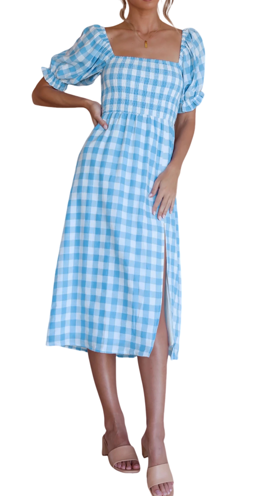R.Vivimos Summer Dress for Women Cotton Plaid Puff Sleeves Causal Off-Shoulder Boho Side Slit Midi Dress