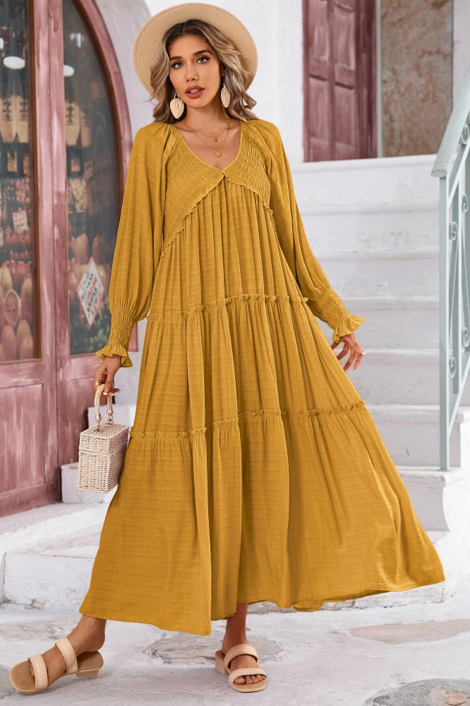 R.Vivimos Maxi Dress for Women Long Sleeve V Neck Empire Waist Layered Ruffle Boho Casual Flowy Long Dresses
