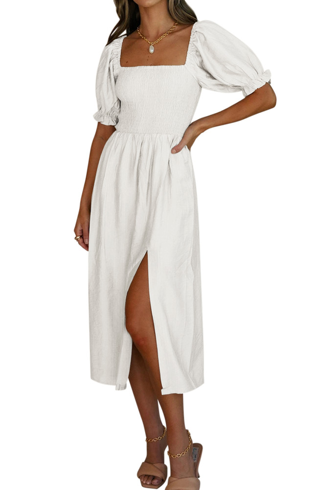 R.Vivimos Summer Dress for Women Cotton Plaid Puff Sleeves Causal Off-Shoulder Boho Side Slit Midi Dress