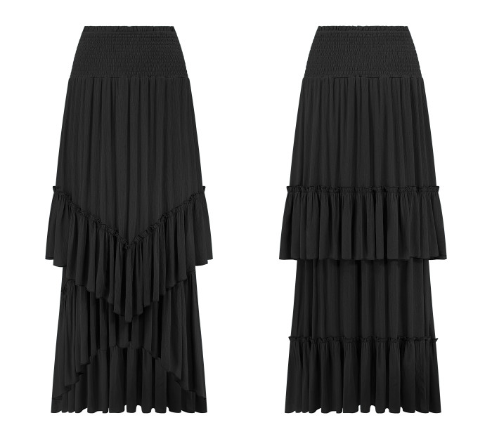 R.Vivimos Long Skirts for Women Summer Boho Smocked Strapless Dress Elastic High Waisted Layered Ruffle Hem Beach Midi Skirt