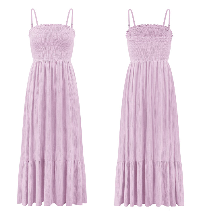 R.Vivimos Womens Summer Boho Cotton Maxi Dress Adjustable Spaghetti Strap Elastic Smocked Casual Ruffle Hem Flowy Beach Dress