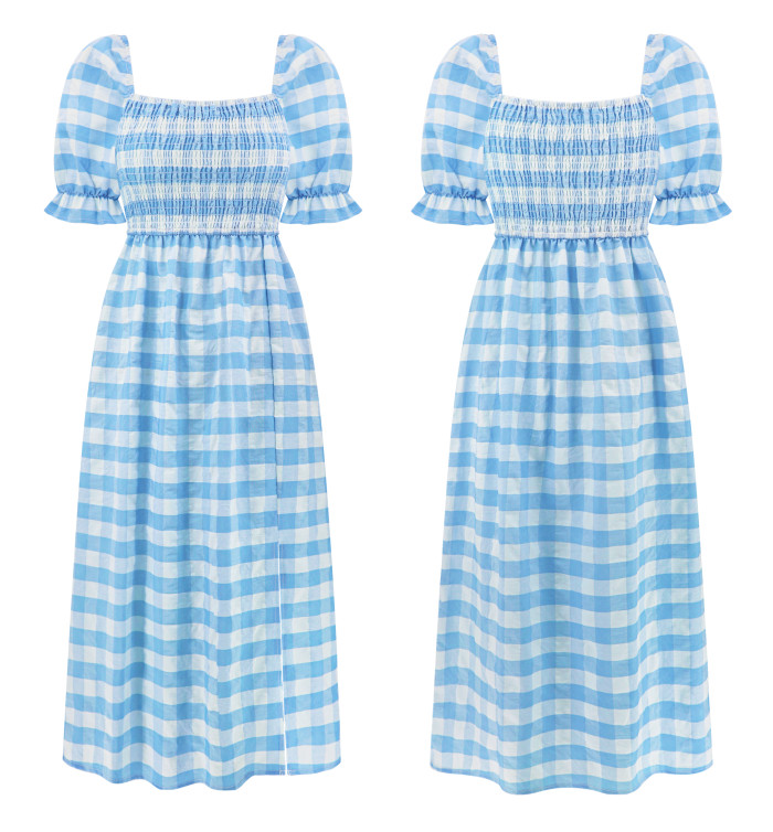 R.Vivimos Summer Dress for Women Cotton Plaid Puff Sleeves Causal Off-Shoulder Boho Side Slit Midi Dress