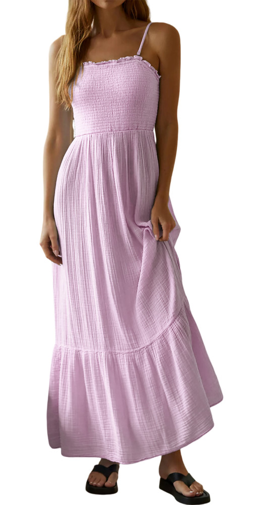R.Vivimos Womens Summer Boho Cotton Maxi Dress Adjustable Spaghetti Strap Elastic Smocked Casual Ruffle Hem Flowy Beach Dress