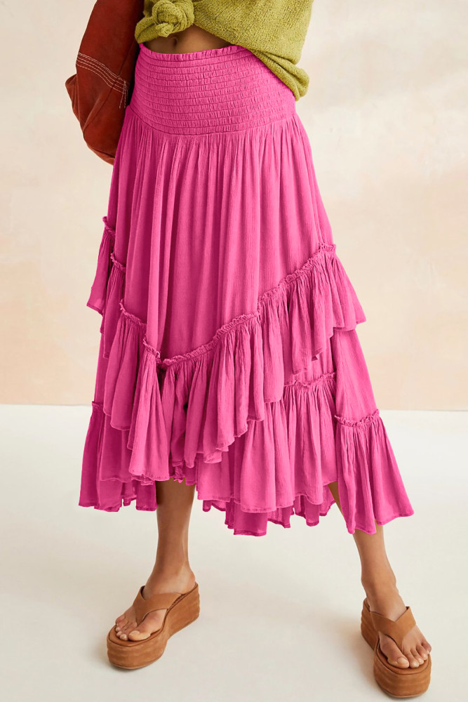 R.Vivimos Long Skirts for Women Summer Boho Smocked Strapless Dress Elastic High Waisted Layered Ruffle Hem Beach Midi Skirt