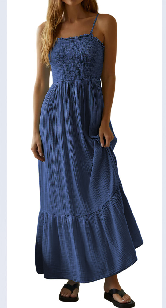 R.Vivimos Womens Summer Boho Cotton Maxi Dress Adjustable Spaghetti Strap Elastic Smocked Casual Ruffle Hem Flowy Beach Dress