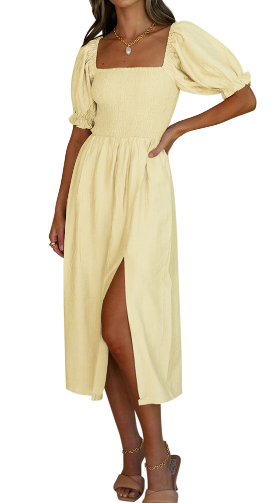 R.Vivimos Summer Dress for Women Cotton Plaid Puff Sleeves Causal Off-Shoulder Boho Side Slit Midi Dress