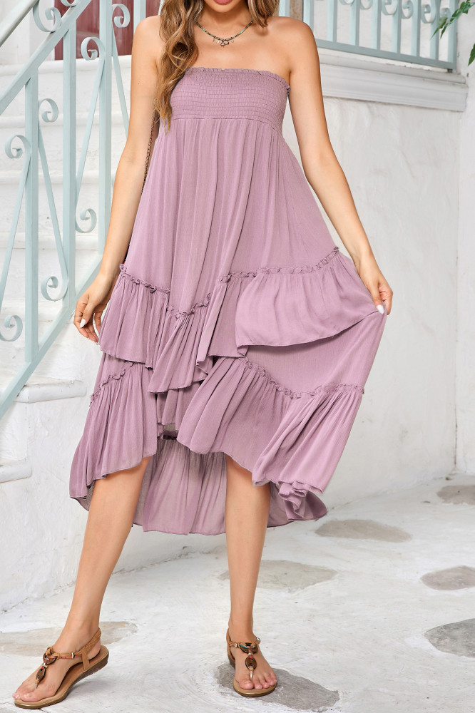 R.Vivimos Long Skirts for Women Summer Boho Smocked Strapless Dress Elastic High Waisted Layered Ruffle Hem Beach Midi Skirt