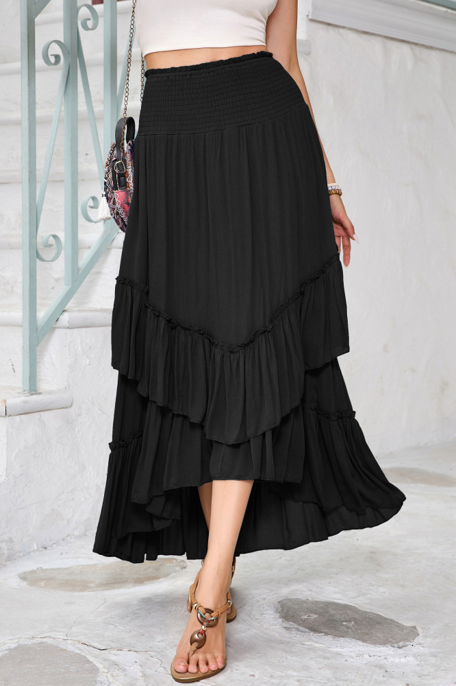 R.Vivimos Long Skirts for Women Summer Boho Smocked Strapless Dress Elastic High Waisted Layered Ruffle Hem Beach Midi Skirt