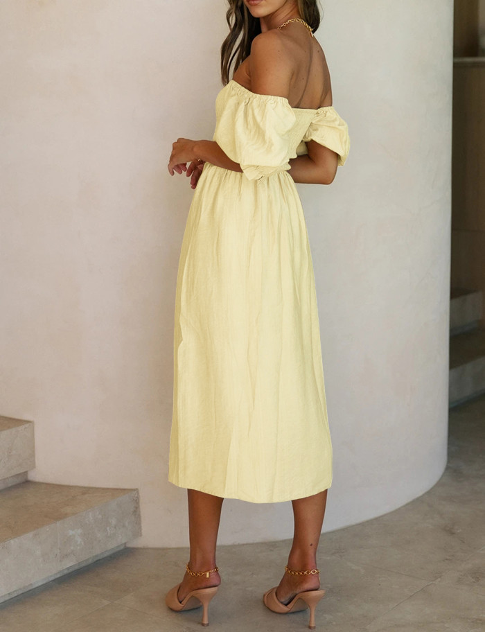 R.Vivimos Summer Dress for Women Cotton Plaid Puff Sleeves Causal Off-Shoulder Boho Side Slit Midi Dress