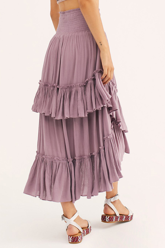 R.Vivimos Long Skirts for Women Summer Boho Smocked Strapless Dress Elastic High Waisted Layered Ruffle Hem Beach Midi Skirt