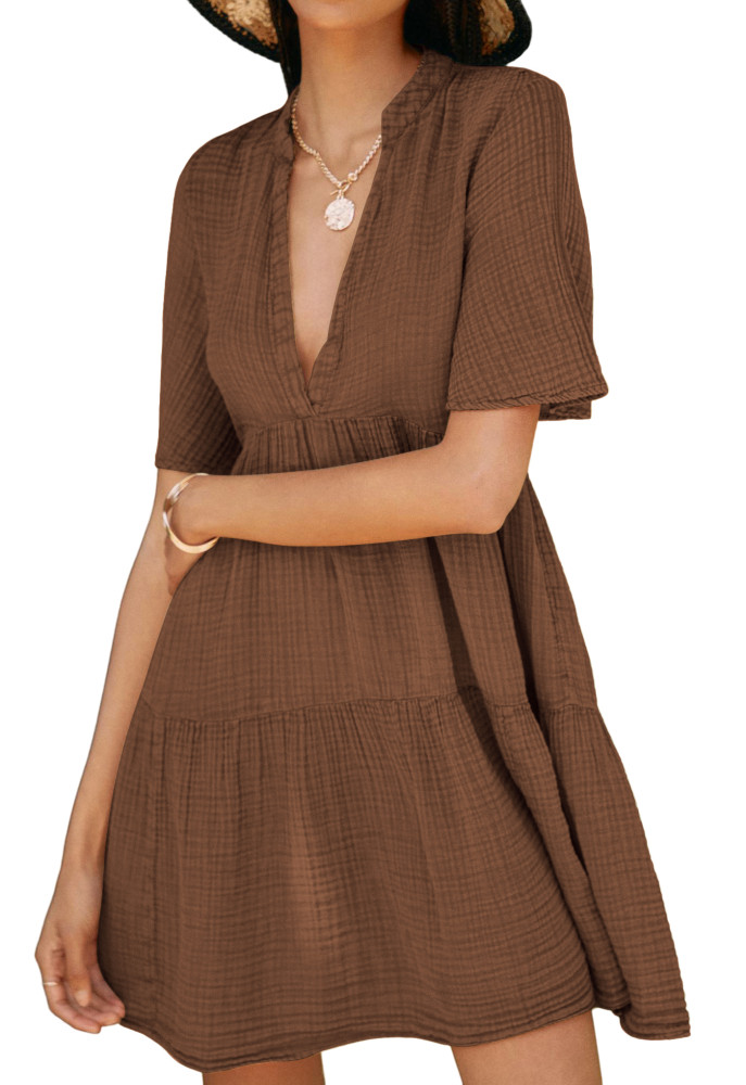 R.Vivimos Womens Summer Cotton Flowy Mini Dress V Neck Short Sleeve Boho Ruffle Tiered Casual Loose Tunic Dress